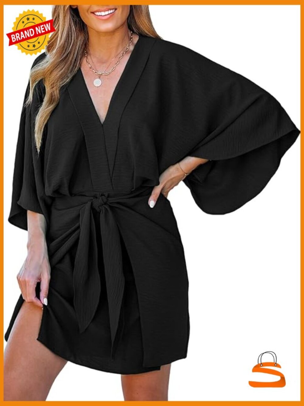 V Neck 3/4 Sleeve Self Tie Pleated Loose Mini Dress